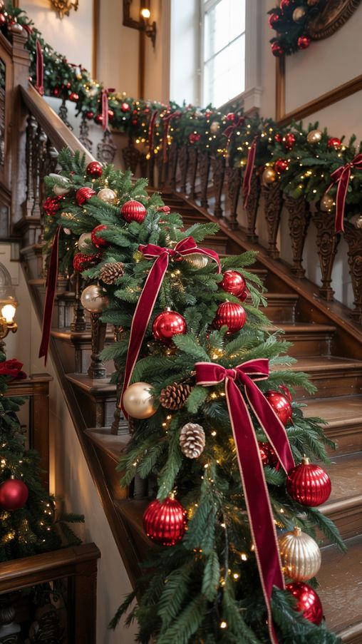 cozy staircase decorated with garlands, lights, and ornaments for Christmas