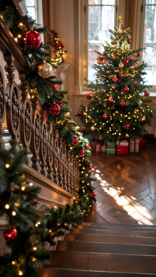 cozy staircase decorated with garlands, lights, and ornaments for Christmas