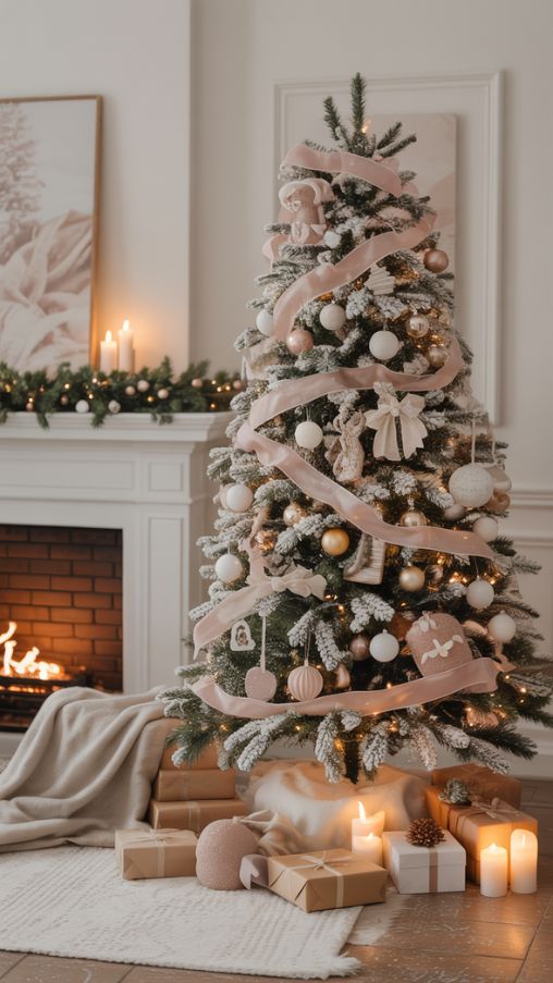 A warm and cozy living room centered around a snowy Christmas tree that evokes nostalgia and holiday magic. The frosted tree is adorned with soft white, blush, and gold ornaments, layered ribbons, and twinkling fairy lights. Around it, family members place sentimental ornaments and gifts, capturing moments of joy and togetherness. A crackling fireplace, soft blankets, and glowing candles enhance the intimate, heartwarming atmosphere. The scene reflects peaceful winter mornings, childhood snow days, and cherished family memories, emphasizing the emotional magic of decorating a snowy Christmas tree.