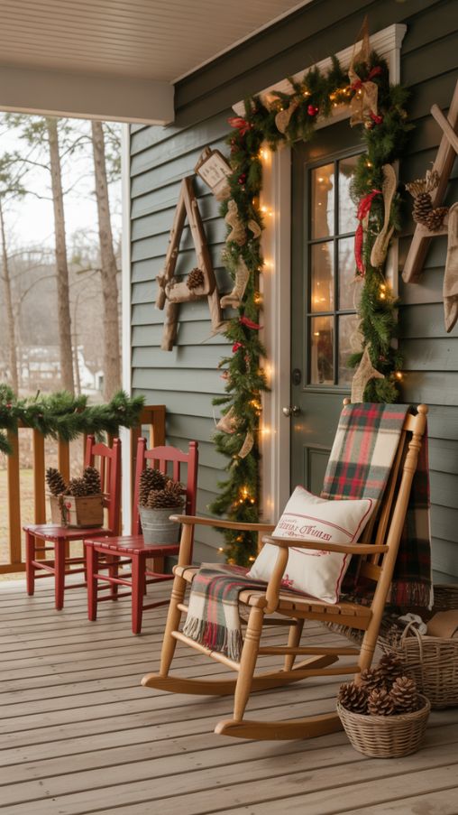 Create a cozy rustic Christmas porch decorated with natural elements and warm festive accents. Include wooden rocking chairs draped with plaid blankets, child-size red chairs, pinecones, burlap ribbons, and wooden décor pieces. Add garlands of greenery and moss with a slightly imperfect, natural arrangement. Use soft warm lighting such as string lights or lanterns to create a welcoming, storybook atmosphere. Incorporate earthy tones and textured textiles to evoke comfort and holiday charm. The porch should feel inviting, nostalgic, and authentically rustic, emphasizing Christmas Porch Decorating Ideas Rustic.