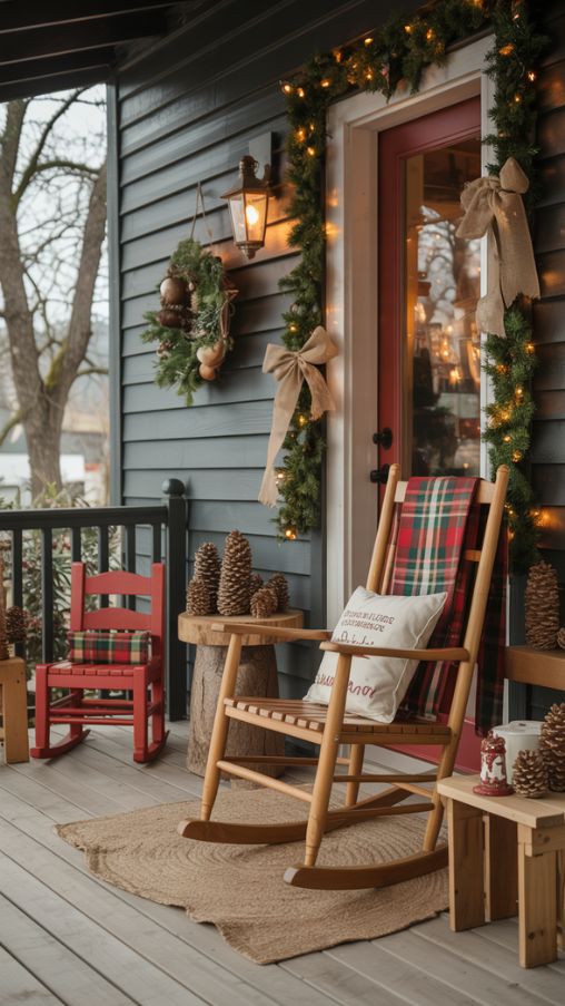 Create a cozy rustic Christmas porch decorated with natural elements and warm festive accents. Include wooden rocking chairs draped with plaid blankets, child-size red chairs, pinecones, burlap ribbons, and wooden décor pieces. Add garlands of greenery and moss with a slightly imperfect, natural arrangement. Use soft warm lighting such as string lights or lanterns to create a welcoming, storybook atmosphere. Incorporate earthy tones and textured textiles to evoke comfort and holiday charm. The porch should feel inviting, nostalgic, and authentically rustic, emphasizing Christmas Porch Decorating Ideas Rustic.