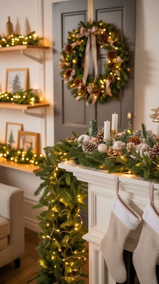 Cozy Christmas Decor with Lights on Wreaths, Garlands, and Greenery