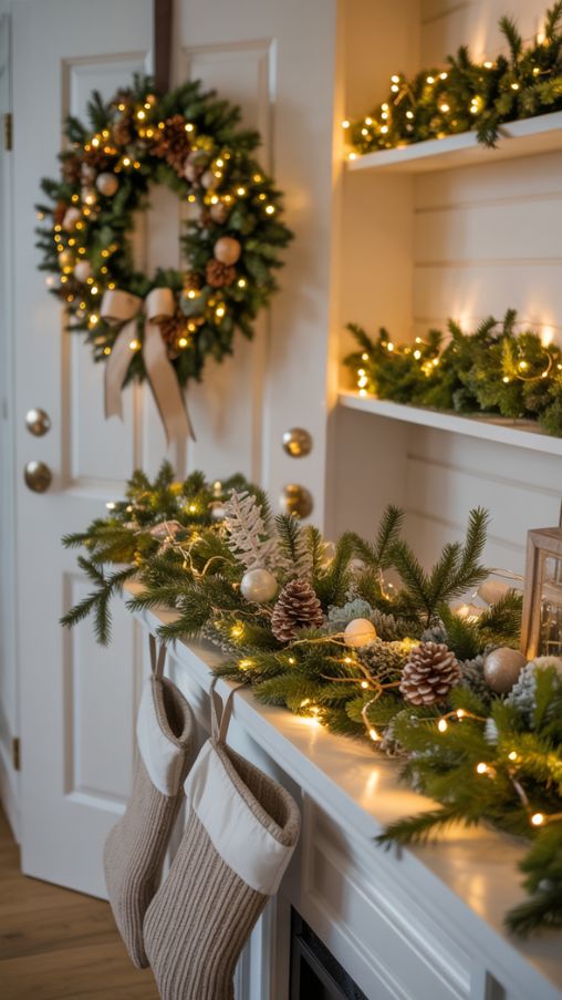 Cozy Christmas Decor with Lights on Wreaths, Garlands, and Greenery