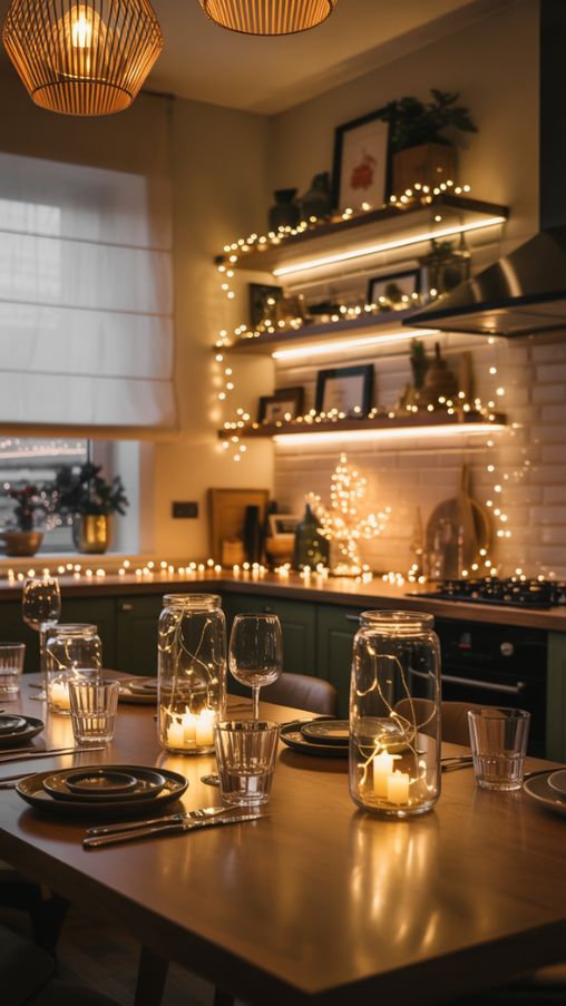 Cozy Kitchen and Dining Area Christmas Lighting Ideas