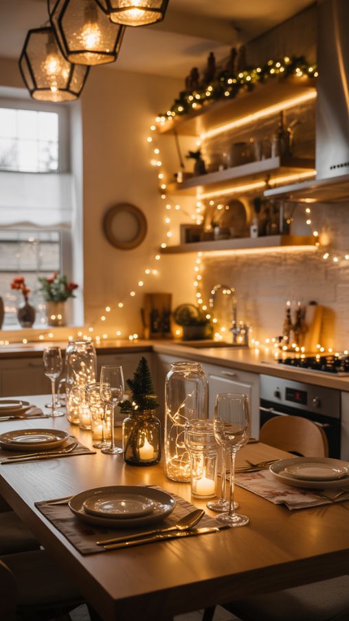 Cozy Kitchen and Dining Area Christmas Lighting Ideas