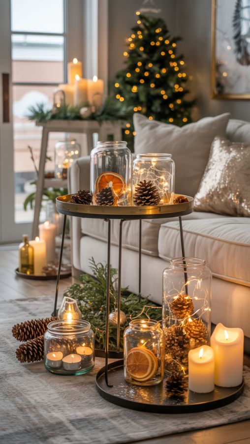 A cozy and elegant living room decorated for New Year’s Eve featuring DIY lanterns and candle displays. Glass jars are filled with string lights, pinecones, and dried oranges, placed on tables, shelves, and along the entrance. A mix of scented and unscented candles of varying heights adds a warm, inviting glow. Metallic accents and soft neutral-toned furniture complement the lanterns, creating a photorealistic, magical, and festive atmosphere. The overall setup feels handcrafted yet sophisticated, illustrating how simple DIY lanterns can elevate the New Year’s décor while keeping it affordable and charming.