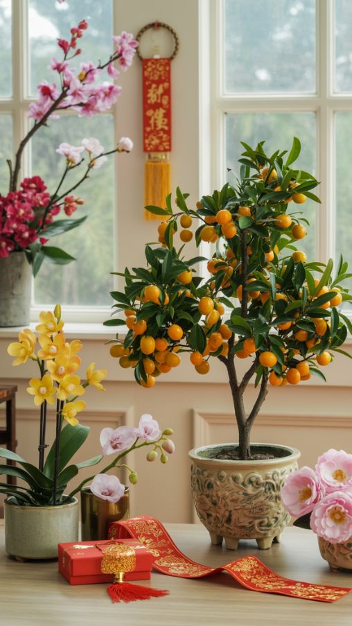 Lunar New Year Kumquat Trees and Blooming Flower Decorations
