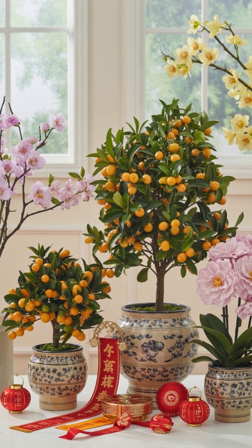 Lunar New Year Kumquat Trees and Blooming Flower Decorations
