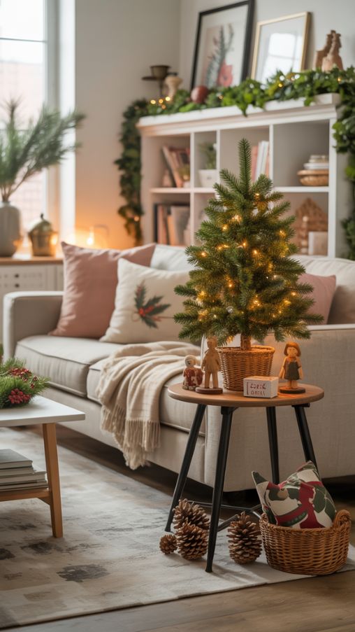 A cozy living room featuring a small Christmas tree on a side table, surrounded by seasonal accents. Pinecones, small figurines, and festive coffee table vignettes are arranged nearby. Coordinated pillows, throws, and a soft rug complement the tree’s colors, creating a cohesive holiday look. Fresh or faux greenery lines shelves and window sills, adding texture and subtle festive fragrance. Warm ambient lighting highlights the intimate, layered decor. The scene emphasizes how small Christmas trees can be enhanced with thoughtful seasonal accents to create a warm, festive, and inviting living room without cluttering limited space.