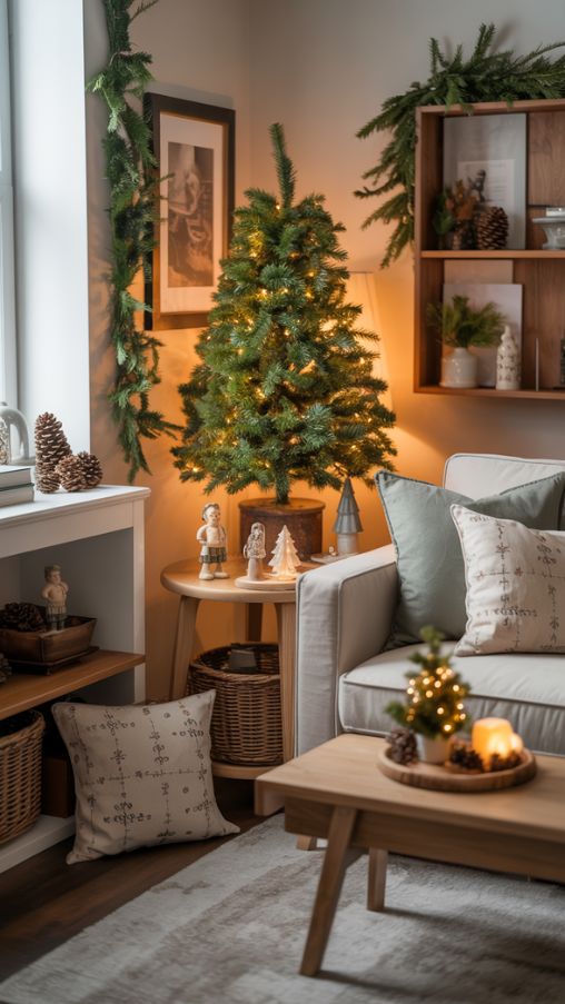 A cozy living room featuring a small Christmas tree on a side table, surrounded by seasonal accents. Pinecones, small figurines, and festive coffee table vignettes are arranged nearby. Coordinated pillows, throws, and a soft rug complement the tree’s colors, creating a cohesive holiday look. Fresh or faux greenery lines shelves and window sills, adding texture and subtle festive fragrance. Warm ambient lighting highlights the intimate, layered decor. The scene emphasizes how small Christmas trees can be enhanced with thoughtful seasonal accents to create a warm, festive, and inviting living room without cluttering limited space.