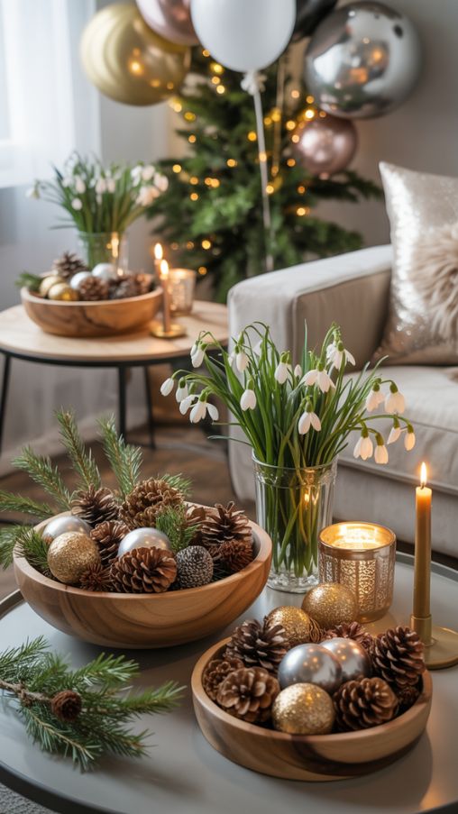 New Year’s Decorations Ideas with Natural and Metallic Accents