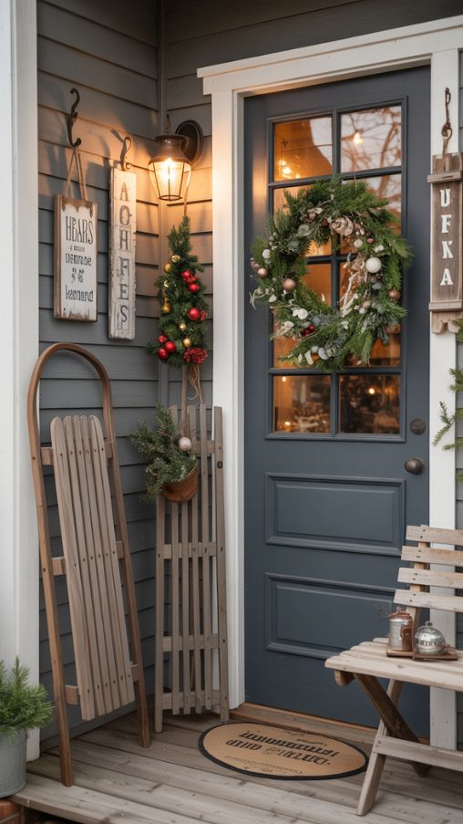 Rustic Christmas Porch Decorating Ideas With Hanging Decorations and Wall Accents