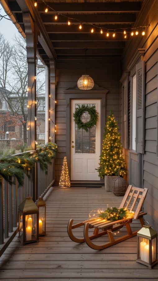 Rustic Christmas Porch Decorating Ideas With Layered Cozy Lighting