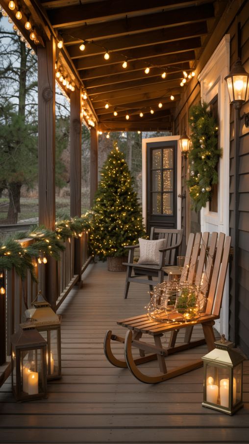 Rustic Christmas Porch Decorating Ideas With Layered Cozy Lighting
