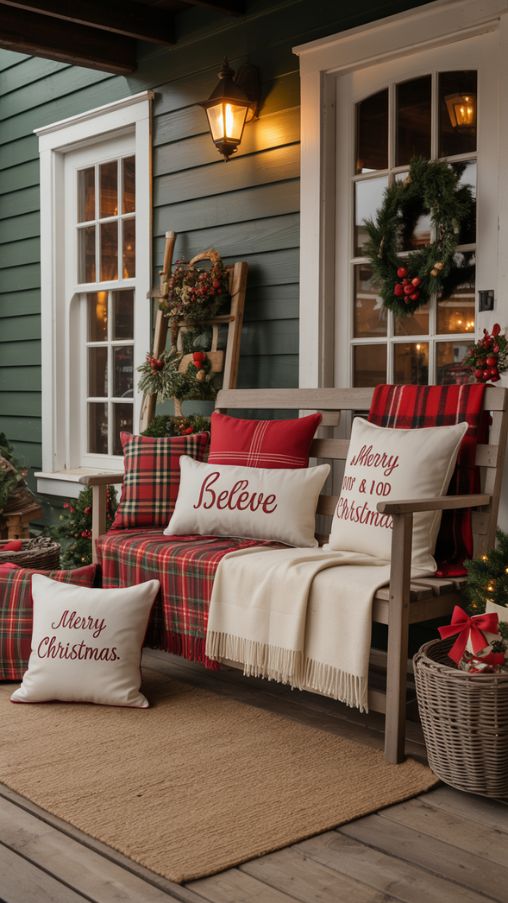 Rustic Christmas Porch Decorating Ideas With Layered Textiles and Seasonal Colors