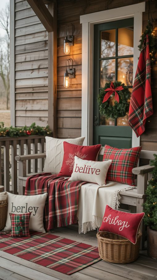 Rustic Christmas Porch Decorating Ideas With Layered Textiles and Seasonal Colors