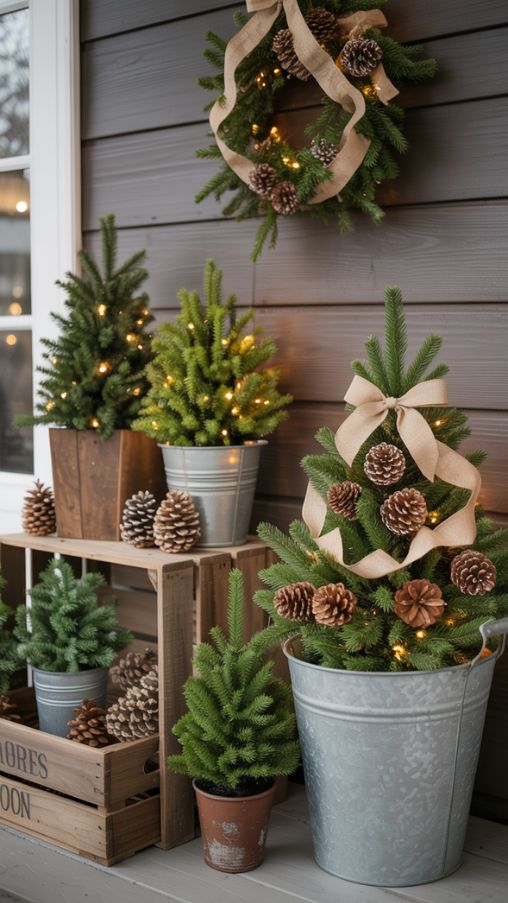Rustic Christmas Porch Decorating Ideas With Mini Trees and Seasonal Charm