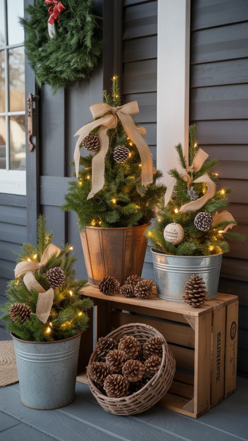 Rustic Christmas Porch Decorating Ideas With Mini Trees and Seasonal Charm
