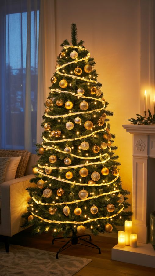 A beautifully decorated Christmas tree standing in a cozy living room corner, wrapped in warm white LED lights that spiral gracefully from trunk to tip. The glow reflects off gold and amber ornaments, tinsel, and glass baubles, creating a magical shimmer throughout the space. Soft lighting from candles and a nearby fireplace enhances the festive warmth. The room features subtle modern touches—neutral tones, plush textures, and minimal décor—highlighting the tree as the centerpiece. A sense of nostalgia and elegance fills the scene, capturing the joy and ritual of decorating a Christmas tree with lights.