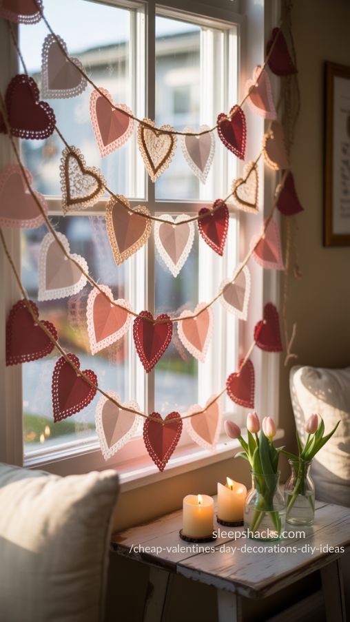 A cozy living room with a charming DIY paper heart bunting hanging across a window. The bunting features hearts cut from colored cardstock in soft blush pink, muted red, and vintage faded tones, strung together with baker’s twine. Some hearts are layered with lace or doilies for a whimsical, textured look. Soft natural light filters through the window, highlighting the handmade details. The room includes simple furniture and subtle Valentine’s Day decor like small vases with flowers and candles on a nearby table. The overall feel is warm, inviting, and festive, showcasing an affordable yet stylish DIY decoration idea.