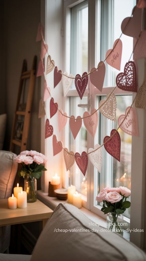 A cozy living room with a charming DIY paper heart bunting hanging across a window. The bunting features hearts cut from colored cardstock in soft blush pink, muted red, and vintage faded tones, strung together with baker’s twine. Some hearts are layered with lace or doilies for a whimsical, textured look. Soft natural light filters through the window, highlighting the handmade details. The room includes simple furniture and subtle Valentine’s Day decor like small vases with flowers and candles on a nearby table. The overall feel is warm, inviting, and festive, showcasing an affordable yet stylish DIY decoration idea.