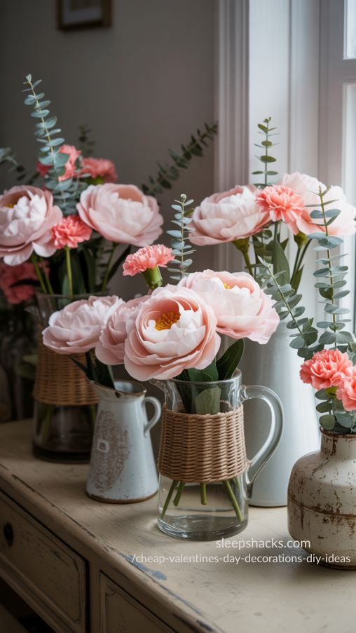 Cheap Valentine’s Day Thrifted Florals and Caned Vases DIY
