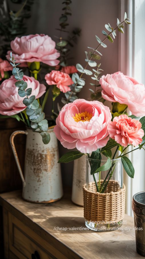 Cheap Valentine’s Day Thrifted Florals and Caned Vases DIY