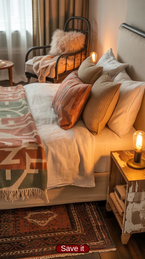 Cozy Guest Room with Layered Textures and Inviting Decor