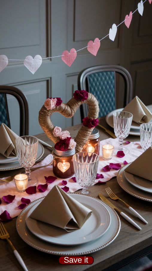DIY Valentines Day Table Decorations with Heart-Shaped Centerpiece and Personal Touches