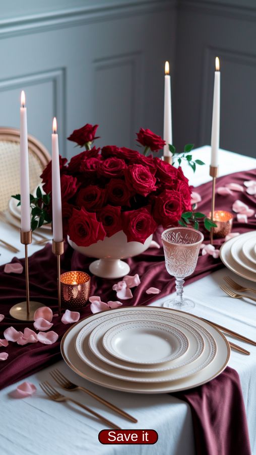 Elegant Valentines Day Table Settings Ideas with Red and Pink Color Scheme