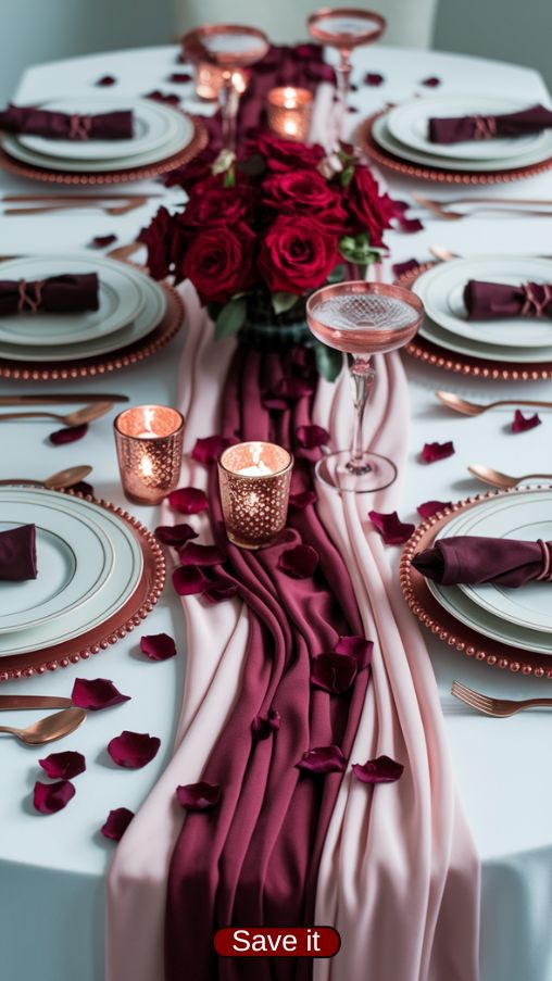 Elegant Valentines Day Table Settings Ideas with Red and Pink Color Scheme