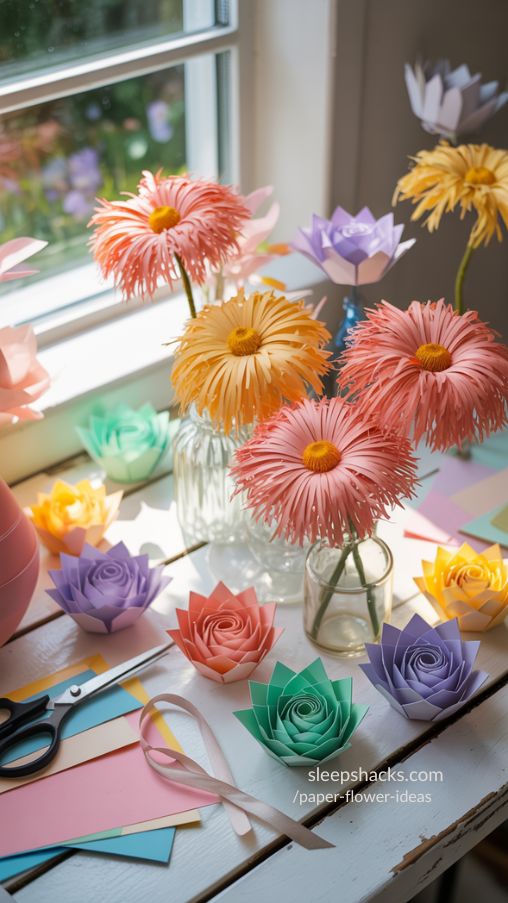 Create a vibrant and artistic home decor scene featuring unique paper flower techniques. Include fringe-edge daisies with textured, playful petals that appear to move, alongside intricate origami flowers with precise folds and creases. Arrange the flowers in small vases, on tabletops, or as part of a colorful wall display, using a mix of bright and pastel colors to emphasize creativity. Highlight the textures and shapes with natural lighting and soft shadows. Include creative workspace elements like scissors, paper scraps, and ribbons to convey a hands-on DIY crafting environment. The scene should feel whimsical, eye-catching, and perfect for parties or artistic displays. Keywords/Focus: Unique paper flower techniques, fringe-edge paper flowers, origami paper flowers