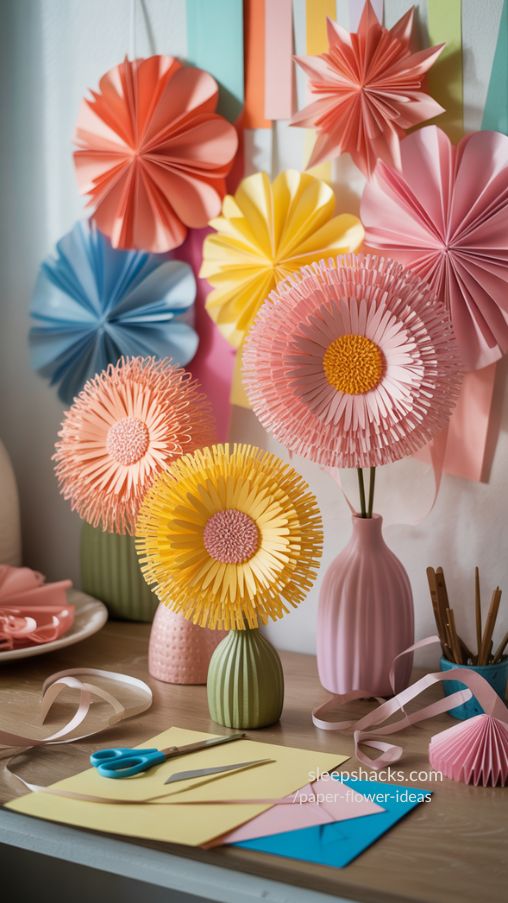 Create a vibrant and artistic home decor scene featuring unique paper flower techniques. Include fringe-edge daisies with textured, playful petals that appear to move, alongside intricate origami flowers with precise folds and creases. Arrange the flowers in small vases, on tabletops, or as part of a colorful wall display, using a mix of bright and pastel colors to emphasize creativity. Highlight the textures and shapes with natural lighting and soft shadows. Include creative workspace elements like scissors, paper scraps, and ribbons to convey a hands-on DIY crafting environment. The scene should feel whimsical, eye-catching, and perfect for parties or artistic displays. Keywords/Focus: Unique paper flower techniques, fringe-edge paper flowers, origami paper flowers