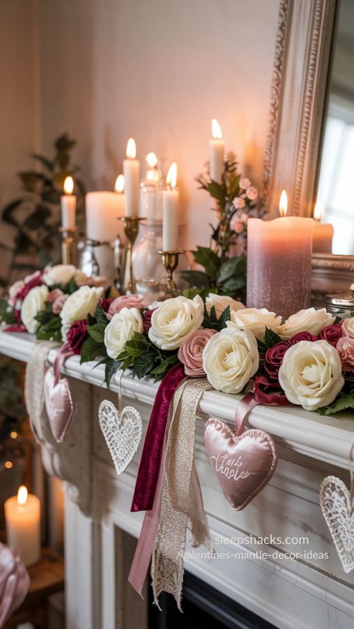 Layering Textures and Fabrics for Valentines Mantle Decor Ideas