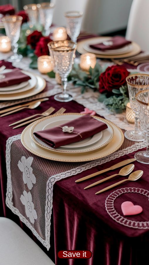 Luxurious Valentines Day Table Settings Ideas with Velvet and Lace Linens