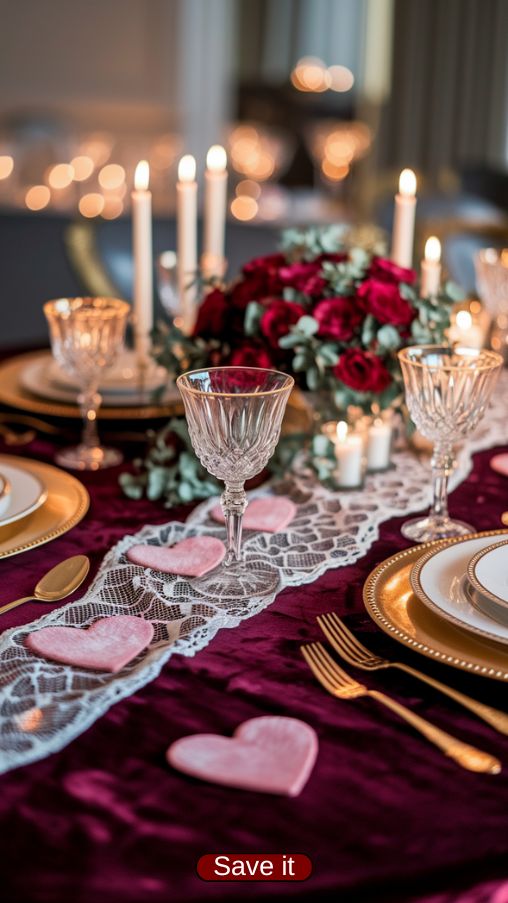 Luxurious Valentines Day Table Settings Ideas with Velvet and Lace Linens