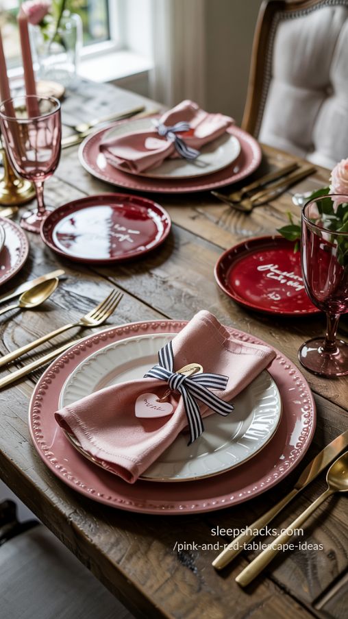 Pink and Red Tablescape Ideas with Elegant Plates and Thoughtful Place Settings