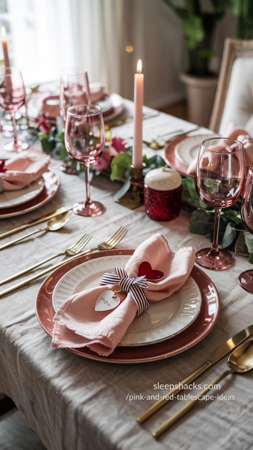 Pink and Red Tablescape Ideas with Elegant Plates and Thoughtful Place Settings