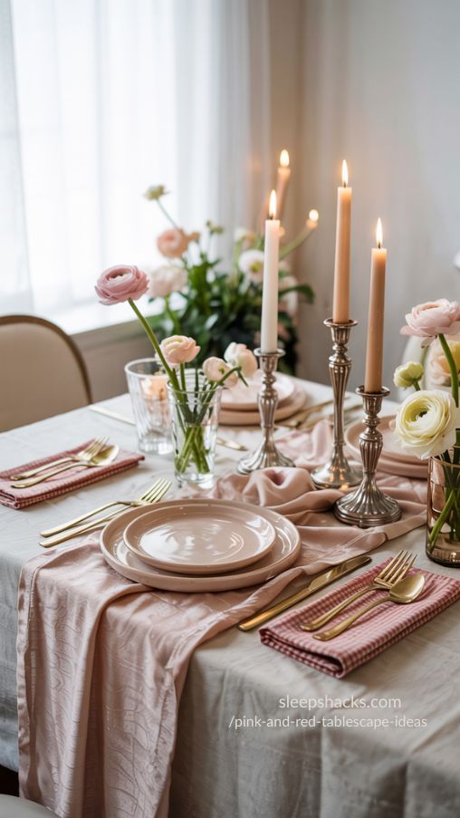 Pink and Red Tablescape Ideas with Layered Linens for a Chic and Inviting Table