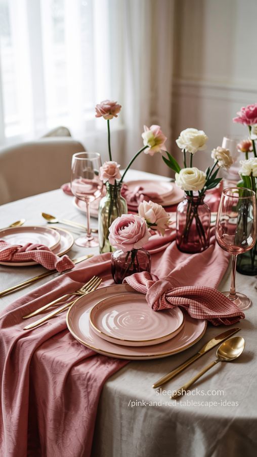 Pink and Red Tablescape Ideas with Layered Linens for a Chic and Inviting Table