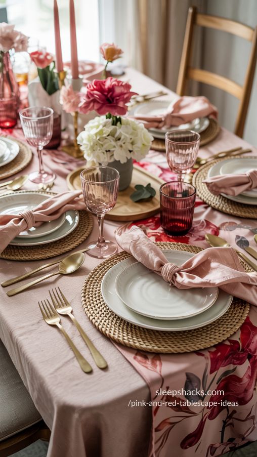 Pink and Red Tablescape Ideas with Layered Textures and Patterns