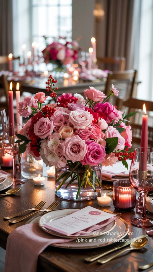 Pink and Red Tablescape Ideas with Romantic Candle Lighting