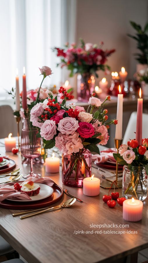 Pink and Red Tablescape Ideas with Romantic Candle Lighting