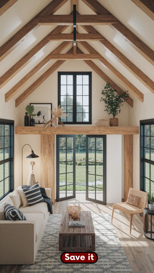 Photorealistic small barn house scene inspired by video tours and walkthroughs. Showcase a tiny 399 sq. ft. barn home with functional layouts, a lofted area, and stylish modern rustic interiors. Include large windows with natural light, exposed timber beams, and clever furniture placement that maximizes space. Add exterior views of prefab barndominiums and small luxury barn houses in serene, landscaped settings. Capture a realistic, lived-in feel with warm lighting, crisp details, and an inviting aesthetic that highlights practicality, comfort, and inspiration from real-life barn house videos.