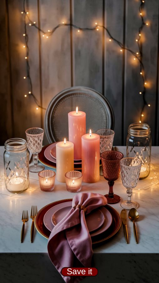 Romantic Valentines Day Table Settings with Soft Candlelight and Fairy Lights