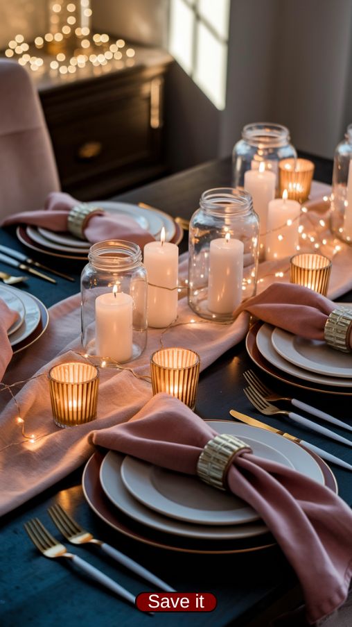 Romantic Valentines Day Table Settings with Soft Candlelight and Fairy Lights