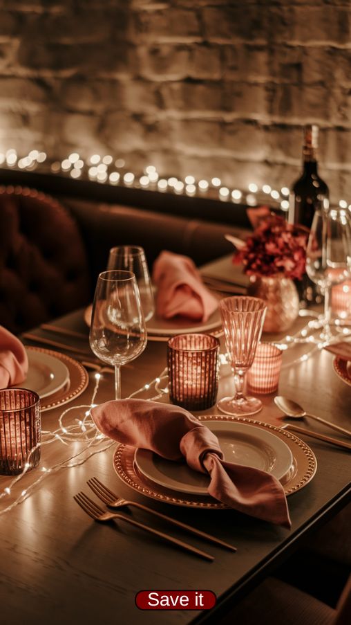 Romantic Valentines Day Table Settings with Soft Candlelight and Fairy Lights