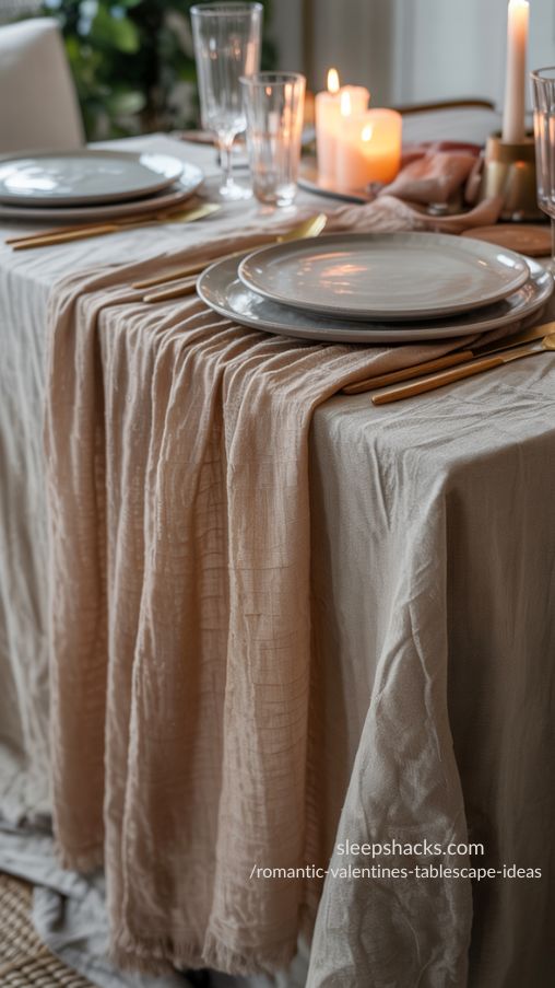 Romantic Valentines Tablescape Ideas Using Soft Linen Layers for Warmth and Depth