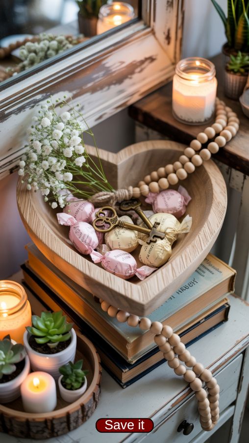 Rustic Wooden Heart Bowl Ideas for Farmhouse Valentine Decor