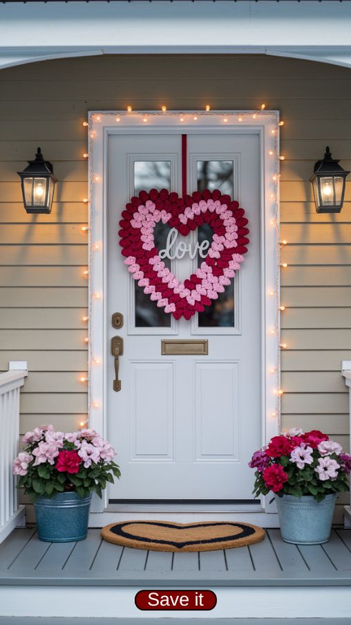 Create a bright, cozy, and welcoming exterior scene of a home featuring charming Valentine door decorations. The front door is adorned with a layered red and pink heart-shaped wreath, a small hanging love-themed sign, and subtle string lights around the frame. Include a small porch display with potted flowers and a heart-shaped doormat. The scene should feel warm and cheerful despite a soft winter background, with natural daylight highlighting the textures of wood, flowers, and decorations. Focus on realistic details, depth, and shadows to make the image lifelike and inviting.